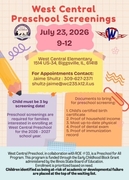 A colorful, school-themed flyer with a grid-paper background, illustrated pencils, and paper clips. The flyer announces the West Central Preschool Screenings on July 23, 2026, from 9:00 AM to 12:00 PM. It features stylized paper notes detailing eligibilit
